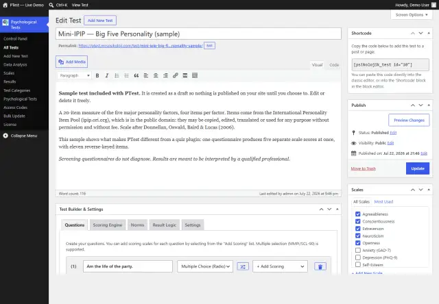 Test builder: questions, answers and the scoring scales each question feeds.